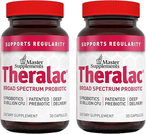 THERALAC - Master Supplements Theralac – 30 Cápsulas, Pacote de 2 – Probiótico Multi-Cepas para Saúde Intestinal Ótima Gases