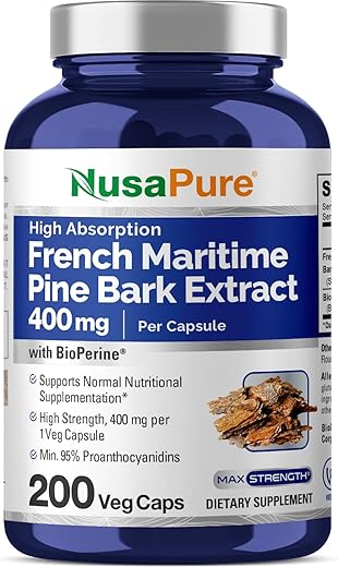 Extrato de Casca de Pinheiro Marítimo Francês NusaPure 400mg por Cápsula Vegetal Suprimento de 200 Dias Bioperine Não-OGM Vegano