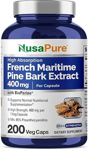 Extrato de Casca de Pinheiro Marítimo Francês NusaPure 400mg por Cápsula Vegetal Suprimento de 200 Dias Bioperine Não-OGM Vegano