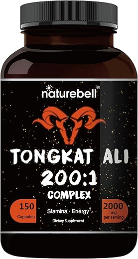 NatureBell - Extrato de Tongkat Ali 200:1 (Longjack) para Homens – 2000mg por Porção – 150 Cápsulas – Origem Indonésia – Eurycoma Longifolia | com Panax Ginseng – Energia e Resistência