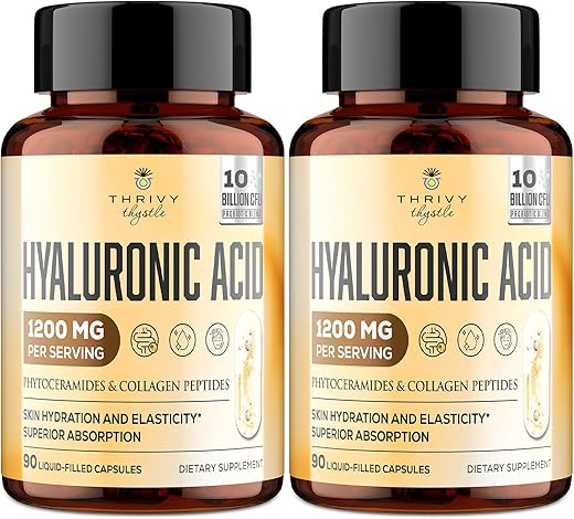 ThrivyThystle - Cápsulas de Ácido Hialurônico – Hylunaric Acid 1200 mg, com Peptídeos de Colágeno, Vitamina C, Fitoceramidas – Suplemento de Ácido Hialurônico para Pele, Olhos, Ossos, Gastrointestinal (2 Pacotes)