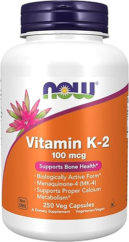 Suplementos, Vitamina K-2 100 mcg, Menaquinona-4 (MK-4), Suporte à Saúde Óssea, 250 Cápsulas Vegetais - NOW Foods