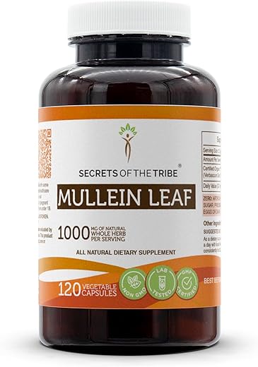 Secrets of the Tribe - Segredos da Tribo Cápsulas de Folha de Mullein 1000 mg Mullein (Verbascum Densiflorum) Folha Seca, Suporte Pulmonar (120 Cápsulas) – Marca