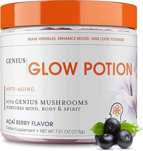 The Genius Brand - Genius Glow Potion: Pó de Açaí em Pó – Suplemento Anti-Envelhecimento para uma Pele Radiante com Cogumelos Genius – Removedor de Rugas, Linhas Finas e Manchas Escuras – Tudo em um