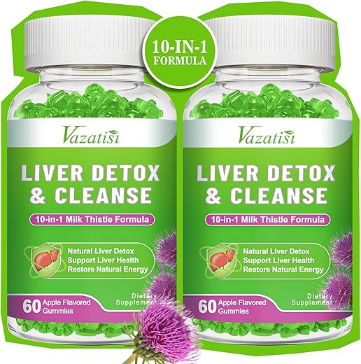 Vazatisi - Gomas Detox Reparadoras para Limpeza do Fígado, Suporte Hepático com Cardo Mariano, Alcachofra, Dente-de-leão, Sabor de Maçã – 120ct