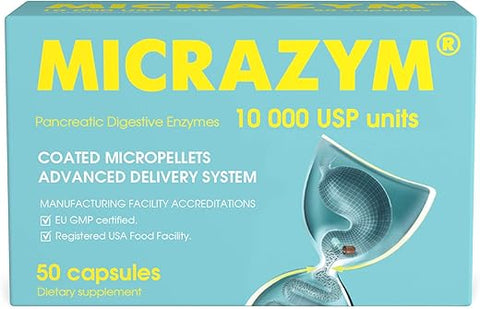 Micrazym - AVVA Pharmа Enzimas Pancreáticas – 10.000 USP Suplementos Enzimáticos Pancreáticos Eficazes – Enzimas Digestivas para Digestão – 50 Cápsulas de Ação Rápida com Amilase, Lipase e Protease