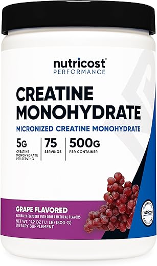 Creatine Monohydrate em Pó (Uva, 500g) – Suplemento de Creatina Micronizada – Vegano, Sem OGM, Sem Glúten - Nutricost