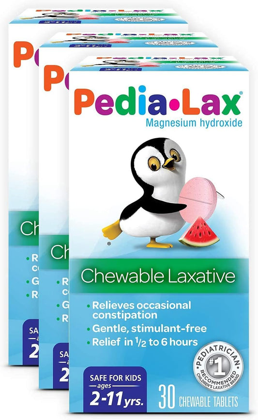Tabletes Mastigáveis Laxantes para Crianças de 2 a 11 Anos, Sabor Melancia, 30 Unidades, Pacote com 3 – Marca Pedia-Lax - Pedia-Lax