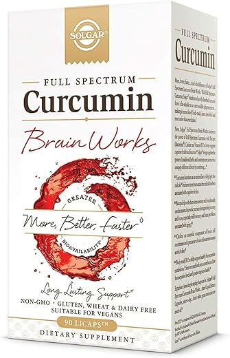 SOLGAR - Solgar Full Spectrum Curcumin Brain Works – Suporte à Memória, Foco e Função Cognitiva – Antioxidante com Curcumina, BacoMind, Colina e Vitamina B12 – 90 Licaps