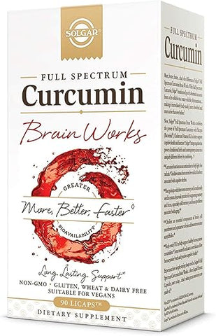 SOLGAR - Solgar Full Spectrum Curcumin Brain Works – Suporte à Memória, Foco e Função Cognitiva – Antioxidante com Curcumina, BacoMind, Colina e Vitamina B12 – 90 Licaps