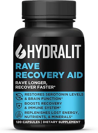 Hydralit - Rave Recovery Aid Vitamins – Pílulas de Alívio Pós-Festa para Festivais de Música – Acessórios Essenciais para Rave – Suplemento 5-HTP, Eletrólitos e Hidratação – Manhãs Melhores com Serotonina e Energia – Combate a Ressaca