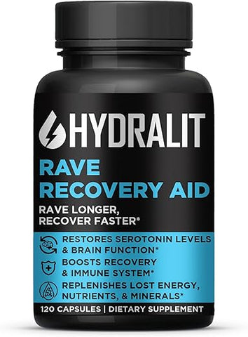 Hydralit - Rave Recovery Aid Vitamins – Pílulas de Alívio Pós-Festa para Festivais de Música – Acessórios Essenciais para Rave – Suplemento 5-HTP, Eletrólitos e Hidratação – Manhãs Melhores com Serotonina e Energia – Combate a Ressaca
