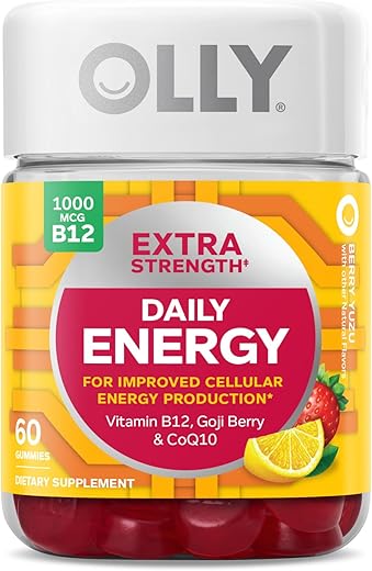 Gummy Extra Forte de Energia Diária, Sem Cafeína, 1000mcg de Vitamina B12, CoQ10, Goji Berry, Suplemento Mastigável para Adultos, Sabor Berry Yuzu – 60 Unidades - OLLY