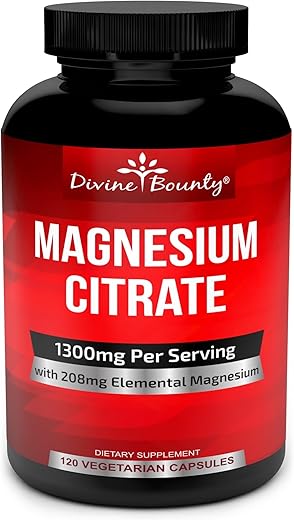 Divine Bounty - Cápsulas de Citrato de Magnésio Puro – Suplemento de Magnésio 1300mg com Magnésio Elemental – 120 Cápsulas Vegetarianas