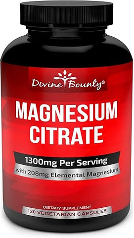Divine Bounty - Cápsulas de Citrato de Magnésio Puro – Suplemento de Magnésio 1300mg com Magnésio Elemental – 120 Cápsulas Vegetarianas