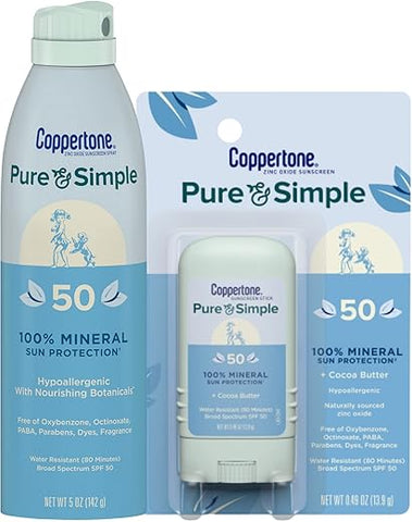 Protetor Solar em Spray Stick Mineral de Óxido de Zinco Pure and Simple FPS 50, Pacote de Protetor Solar de Amplo Espectro FPS 50 (150 ml Spray 14 g Stick), 2 Unidades - Coppertone