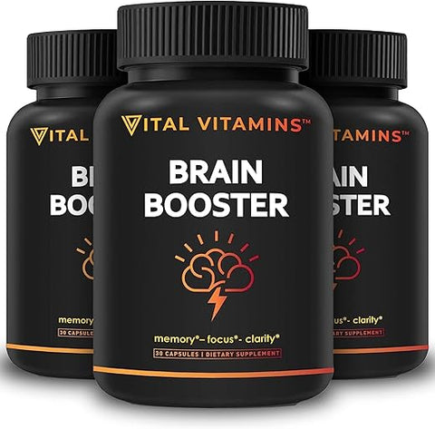 Suplemento Cérebro para Memória e Foco (3 Pacotes) – Suporte Nootrópico Cerebral – Memória, Clareza, Foco, Energia – Vitamina B12, Gingko Biloba, DMAE - Vital Vitamins