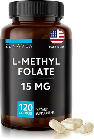 Zenavea - L-Methylfolate 15mg – Suplemento de L Methyl Folate, 5-MTHF para Deficiência de Ácido Fólico – Máxima Absorção e Potência – 15 mg de l-methylfolate – Folate 15 mg – 120 Veganas