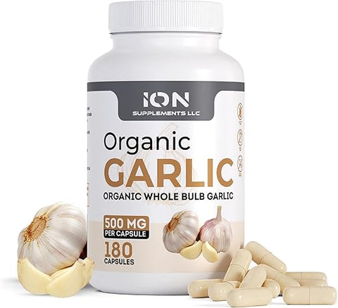 Ion Supplements LLC - Suplemento de Íons | Cápsulas de Alho Orgânico Integral | 500 mg por Cápsula, 180 Cápsulas | Sem Aditivos ou Agentes de Fluxo | Raízes 100% Naturais