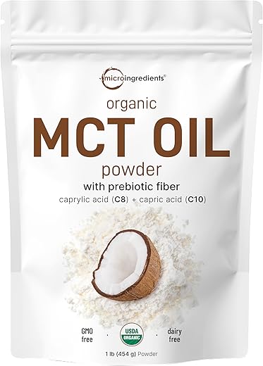 Micro Ingredients - Óleo de MCT Orgânico em Pó com Fibra Prebiótica, 454g, Energia Rápida para Corpo e Cérebro, Óleo de C8 MCT para Creme de Café, Sem GMOs, Dieta Keto, Vegano