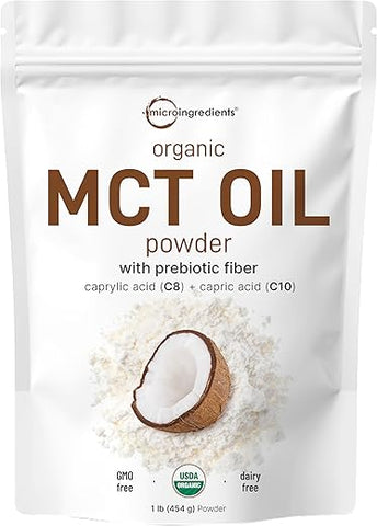Micro Ingredients - Óleo de MCT Orgânico em Pó com Fibra Prebiótica, 454g, Energia Rápida para Corpo e Cérebro, Óleo de C8 MCT para Creme de Café, Sem GMOs, Dieta Keto, Vegano