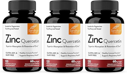 Sandhu's - Sandhu’s Zinc Quercetin 120 Cápsulas Vegetarianas (Pacote com 3) – Suplemento de Zinco para Suporte Antioxidante e Imunológico para Homens e Mulheres