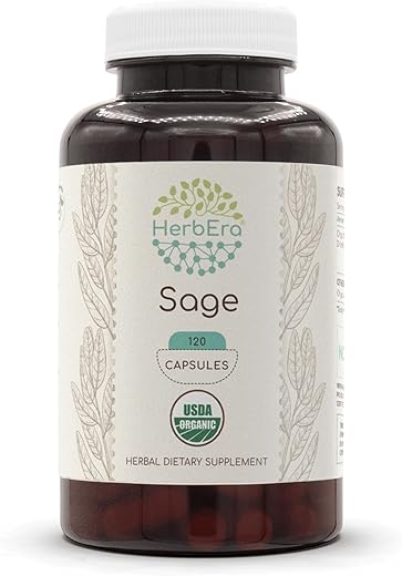 HerbEra - Sage Orgânico USDA 120 Cápsulas | Suplemento Herbal Natural | Cápsulas Vegetarianas Certificadas Orgânicas e Folha Seca de Sage Orgânico (Salvia officinalis) (120 Cápsulas)