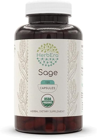 HerbEra - Sage Orgânico USDA 120 Cápsulas | Suplemento Herbal Natural | Cápsulas Vegetarianas Certificadas Orgânicas e Folha Seca de Sage Orgânico (Salvia officinalis) (120 Cápsulas)