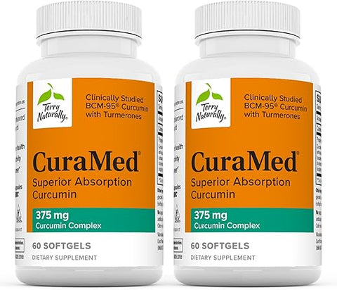 CuraMed 375 mg Complexo de Curcumina – 60 Softgels, Pacote com 2 – Absorção Superior BCM-95 – Não-OGM, Sem Glúten, Halal – 120 Porções Totais - Terry Naturally