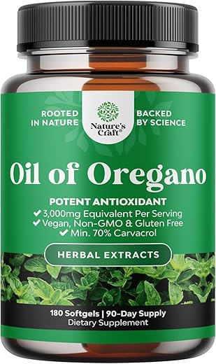 Natures Craft - Óleo de Orégano Selvagem Vegano em Cápsulas – Óleo de Orégano Super Concentrado em Cápsulas com Equivalente Herbal de 3000mg e Mínimo de 70% de Carvacrol para Desintoxicação Intestinal, Cardíaca e Suporte Imunológico – Vegano