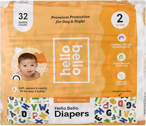 Fraldas Descartáveis Hello Bello Premium Tamanho 2 I 32 Unidades I Absorção Extra, Hipoalergênicas e Eco-Friendly I Ajuste Confortável I Sopa de Letras