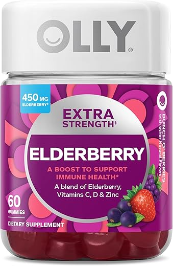 Gummies de Sabugueiro Extra Forte, Suporte Imunológico, 450mg de Sabugueiro, Vitamina C, D e Zinco, Berry – 60 Unidades - OLLY