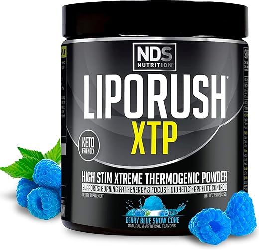 LIPORUSH - NDS Nutrition XTP Queimador de Gordura Termogênico com L-Carnitina – Energia, Foco e Controle de Apetite – Pó Termogênico Extremo para Perda de Peso – Sabor Blue Berry Snow Cone (45g)