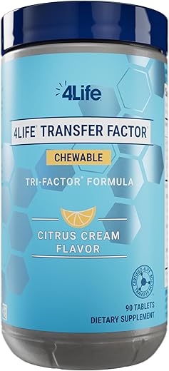Transfer Factor Chewable Tri-Factor Formula – Suporte Imunológico com Extratos de Colostro Bovino e Gema de Ovo de Galinha – Sabor Creme de Citrus – 90 Comprimidos Mastigáveis - 4Life