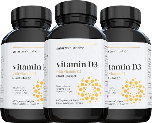 SMARTERNUTRITION - Vitamina D3 à base de plantas para suporte imunológico com complexo vegano de K2 em uma cápsula vegetal – Inclui 5.000 UI de vitamina D para impulsionar a imunidade e saúde óssea completa