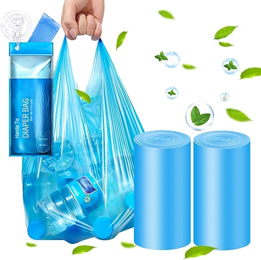 Dergik - Sacolas Descartáveis para Fraldas de Adulto Grandes (45cm x 58cm), 96 Unidades, Perfumadas, Discretas para Descarte de Resíduos de Idosos, Sacos para Lixo de Fraldas de Bebê, Descarte Higiênico em Casa e Viagens, Azul