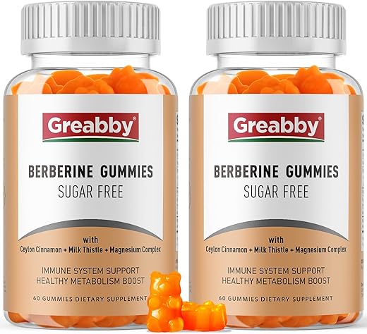 GREABBY - Gomas de Berberina 1200mg com Canela do Ceilão, Cardo Mariano, Suplemento de Berberina sem Açúcar, Suporte para a Função Imunológica, 120 Gomas de Pectina para 2 Meses de Fornecimento