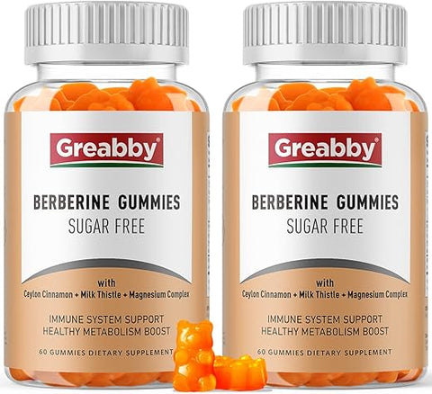 GREABBY - Gomas de Berberina 1200mg com Canela do Ceilão, Cardo Mariano, Suplemento de Berberina sem Açúcar, Suporte para a Função Imunológica, 120 Gomas de Pectina para 2 Meses de Fornecimento