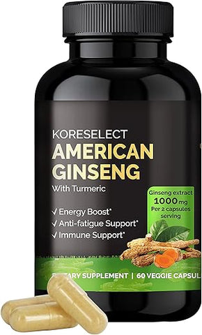 KORESELECT - Cápsulas de Ginseng Americano – 1000 mg de Extrato de Ginseng Americano para Pré-Treino e Energia