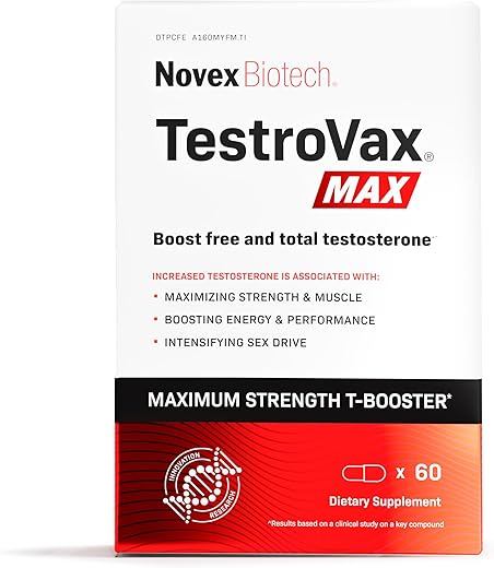TestroVax MAX – Multivitamínico Diário de Testosterona – Suplementos Alimentares para Aumentar a Testosterona e Ganhar Força, 60 Cápsulas, Fornecimento de 30 Dias - Novex Biotech