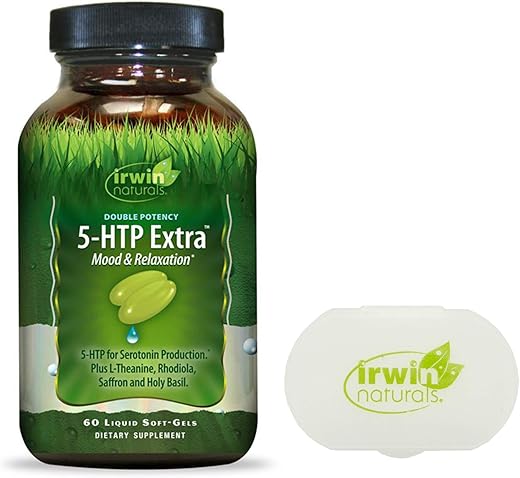 Double Potency 5-HTP Extra – 60 Soft-Gels Líquidos com Estojo de Comprimidos – Suporte de 5-HTP para Relaxamento, Sono Tranquilo e Alívio do Estresse - Irwin Naturals