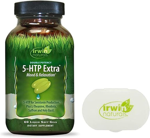 Double Potency 5-HTP Extra – 60 Soft-Gels Líquidos com Estojo de Comprimidos – Suporte de 5-HTP para Relaxamento, Sono Tranquilo e Alívio do Estresse - Irwin Naturals