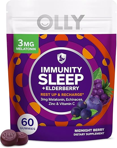 Gummy Imunidade e Sono, Suporte Imunológico e do Sono, 3mg Melatonina, Equinácea, Zinco, Vitamina C, Suplemento Mastigável, Frutas Vermelhas – 60 Unidades - OLLY