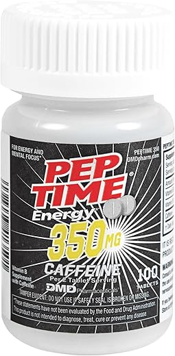 PEPTIME Energy - Tablets de Cafeína com Vitaminas B6 e B12, 350 mg de Cafeína por Porção, Suplemento para Desempenho Físico e Foco, 100 Unidades
