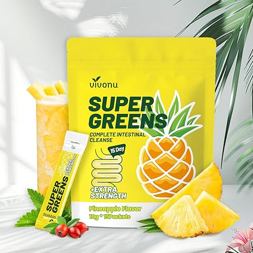 VivoNu - Natura – Pó Detox de Abacaxi para Limpeza do Cólon – Suporte Digestivo – Adoçante Natural – Sabores – Fibra Diária para Eliminação de Toxinas e Redução de Inchaço (15 Porções/1 Pacote)