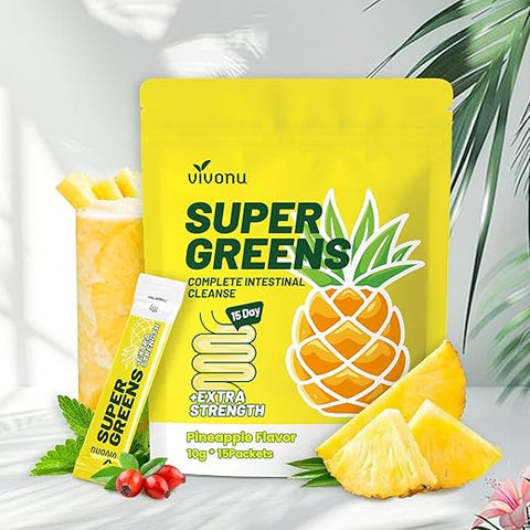 VivoNu - Natura – Pó Detox de Abacaxi para Limpeza do Cólon – Suporte Digestivo – Adoçante Natural – Sabores – Fibra Diária para Eliminação de Toxinas e Redução de Inchaço (15 Porções/1 Pacote)