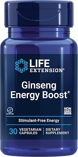 Ginseng Energy Boost – Suporte Energético, Gerenciamento Saudável do Estresse, Sem Glúten, Não-OGM, Vegetariano, 30 Cápsulas - Life Extension