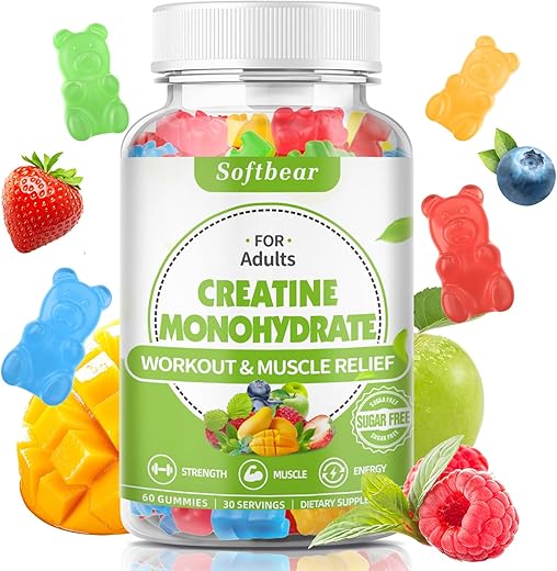softbear - Softbear 5000mg Gomas de Creatina Monohidratada para Homens e Mulheres, Suplemento Vegano de Creatina HCL em Gomas Pré-Treino para Construção Muscular e Força, Sabor Misto, 60 Unidades