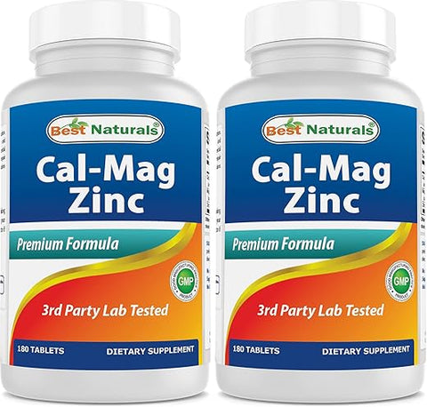 2 Pacotes – Best Naturals Cálcio Magnésio Zinco – 180 Comprimidos – Complexo Mineral Essencial Cal Mag Zinc (Total 360 Comprimidos)