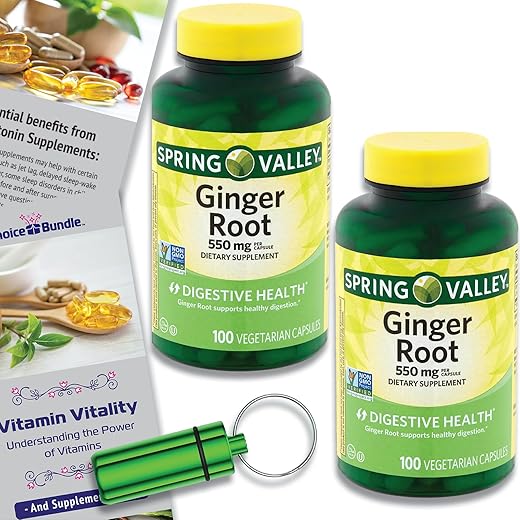 ChoiceBundle - Spring Valley Cápsulas de Suplemento Digestivo de Raiz de Gengibre 550 mg 100 Ct 2 pk Bundle Escolha (200 Total) Guia “Vitalidade Vitamínica” e Recipiente para Comprimidos (4 Itens)